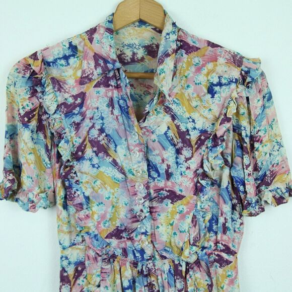 Vintage Small Dress Floral Ruffle Coquette Handmade 30s Cottagecore Dainty - Picture 2 of 12